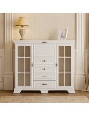Comoda living cu vitrina VM7, o usa rabatabila pentru bar, 2 usi fixe, 3 sertare, Pal melaminat, cu insertii MDF, Alb Antichizat