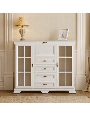 Comoda living cu vitrina VM7, o usa rabatabila pentru bar, 2 usi fixe, 3 sertare, Pal melaminat, cu insertii MDF, Alb Antichizat