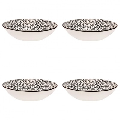 Set farfurii 4 piese din Portelan pentru Supa, Bej cu Model Negru, diametru 20 cm foto