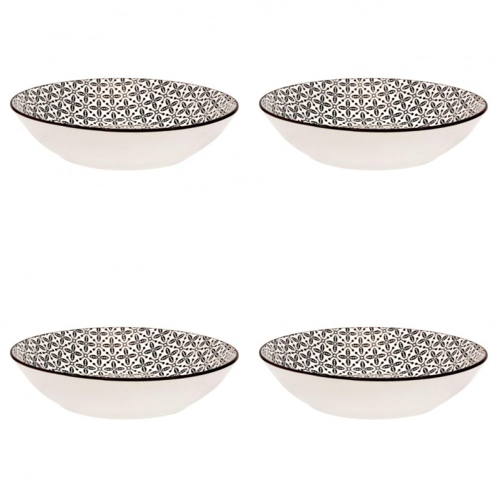Set farfurii 4 piese din Portelan pentru Supa, Bej cu Model Negru, diametru 20 cm