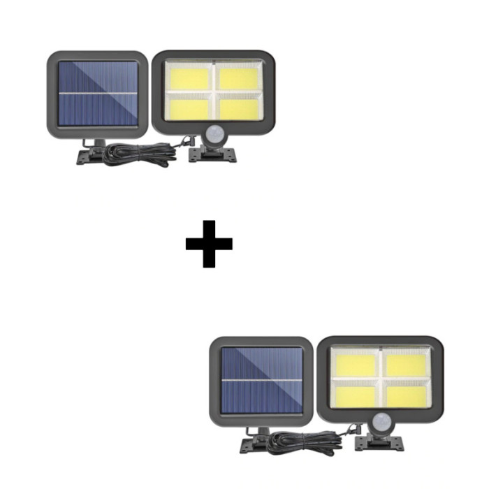 Set 2 x Proiector 120 LED cu panou solar, senzor de miscare, 3 moduri de iluminare