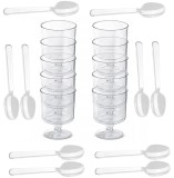 Set 10 cupe rotunde si lingurite pentru desert, 200 ml, plastic, transparent, Oem