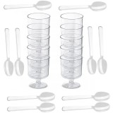 Set 10 cupe rotunde si lingurite pentru desert, 200 ml, plastic, transparent