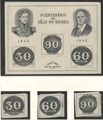 Brazilia 1943 Mi 633/35 + bl 6 MNH - 100 de ani de timbre foto
