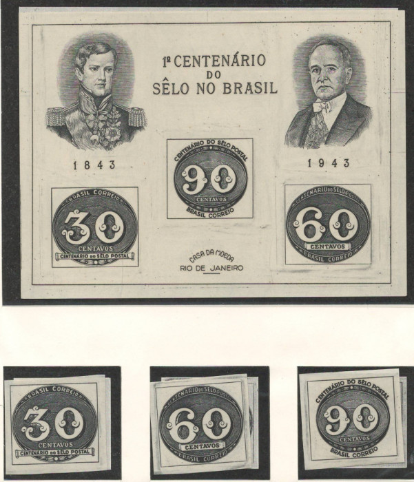 Brazilia 1943 Mi 633/35 + bl 6 MNH - 100 de ani de timbre