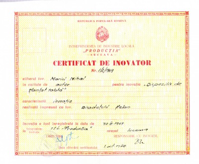 AMS# - CERTIFICAT DE INOVATOR DISPOZITIV DE STANTAT TABLA 1969 SUCEAVA RSR foto