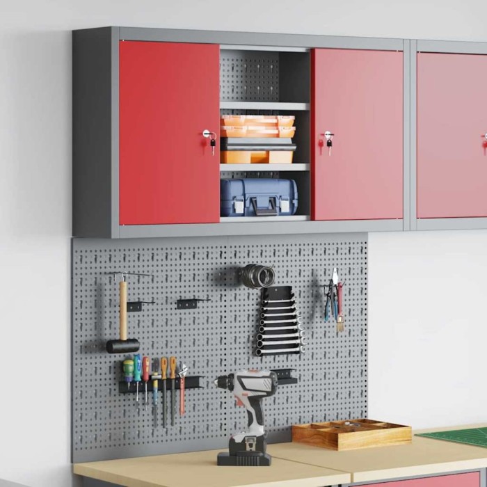 Set dulap unelte &amp; panou c&acirc;rlige de perete, 3 piese roșu metal