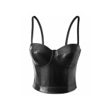 Top bustier din piele ecologică pentru femei, cu bureți, s&acirc;rmă și efect de ridicare, scurt - S