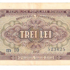 SV * Romania RPR * 3 LEI 1952 * Serie Albastra * VF / VF+