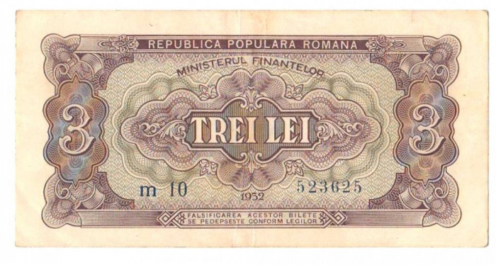 SV * Romania RPR * 3 LEI 1952 * Serie Albastra * VF / VF+