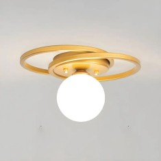 Lustra moderna cercuri si glob de sticla alba, culoare corp auriu, dulie E27, diametru corp 28cm