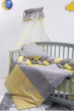 Lenjerie MyKids 8 piese Gray-Yellow cu baldachin 120x60 cm