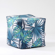 Fotoliu taburet cub mediu frunze tropicale mic imprimat pretabil si la exterior umplut cu perle polistiren