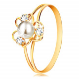 Inel din aur galben 9K - floare cu trei petale, perlă albă și zirconii transparente - Marime inel: 63
