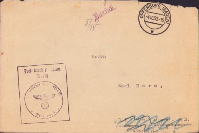 A2501N Envelope with Stammlager Offenburg i B stamp, 1939 foto