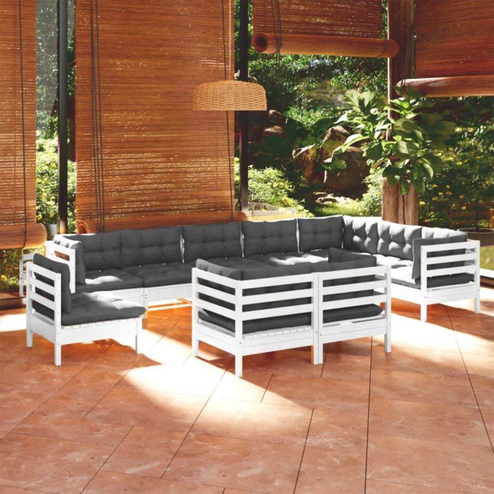 vidaXL Set mobilier grădină cu perne, 10 piese, alb, lemn masiv de pin 3096780
