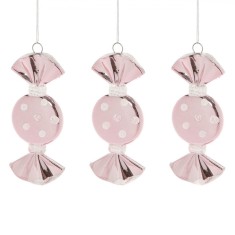 Set Ornamente Crăciun, Bomboane Roz, Lucioase, Buline Albe, 9 cm, 3 Bucăți