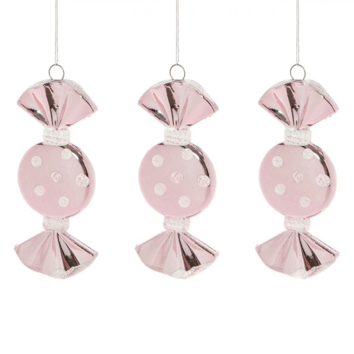 Set Ornamente Crăciun, Bomboane Roz, Lucioase, Buline Albe, 9 cm, 3 Bucăți