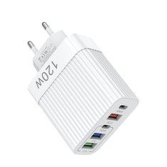 Incarcator retea 120W USB-C si USB-A 5 porturi fast charge PD universal telefon tableta alb lucios compact