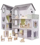 Casa de papusi din lemn cu mobilier inclus, 70cm, gri, Oem