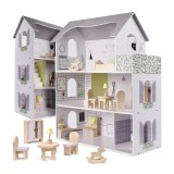 Casa de papusi din lemn cu mobilier inclus, 70cm, gri
