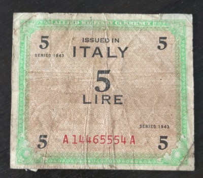 Bancnota Italia - 5 Lire 1943 - Valuta militara aliata foto