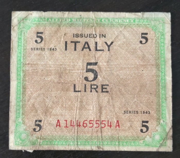 Bancnota Italia - 5 Lire 1943 - Valuta militara aliata
