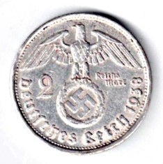600 GERMANIA 2 REICHS MARK 1938 B HINDEMBURG ARGINT VF++