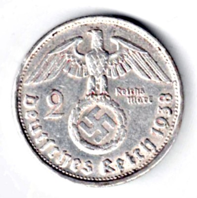 600 GERMANIA 2 REICHS MARK 1938 B HINDEMBURG ARGINT VF++ foto