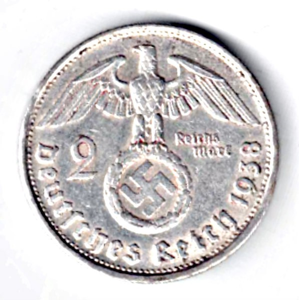 600 GERMANIA 2 REICHS MARK 1938 B HINDEMBURG ARGINT VF++