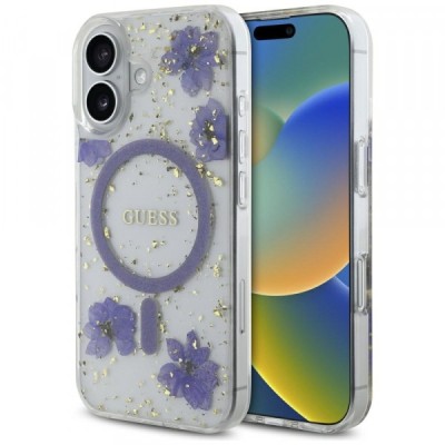 Husa MagSafe pentru Apple iPhone 16, Guess, Resin Flowers and Glitter, Mov foto