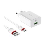 Incarcator Retea cu cablu USB Type-C Borofone BA21A Long Journey, QC 3.0, Smart ID, 18W, 1 x USB, Alb