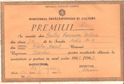 Diploma Scoala Medie nr.2 Piatra-neamt 1962-1963 foto