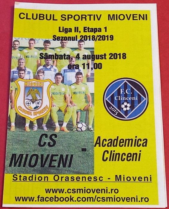 Program meci fotbal CS MIOVENI - FC CLINCENI (04.08.2018)