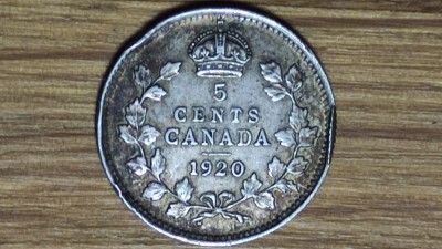 R08 Canada - moneda de colectie argint 800 - 5 cents 1920 -George V- an unic, rara ! foto