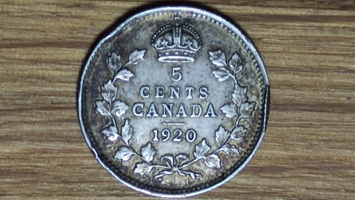 R08 Canada - moneda de colectie argint 800 - 5 cents 1920 -George V- an unic, rara !