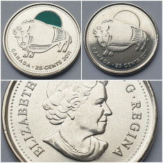 Set 2 monede 25 cents 2011 Canada, Bison, unc, varianta color &amp;amp; normala foto