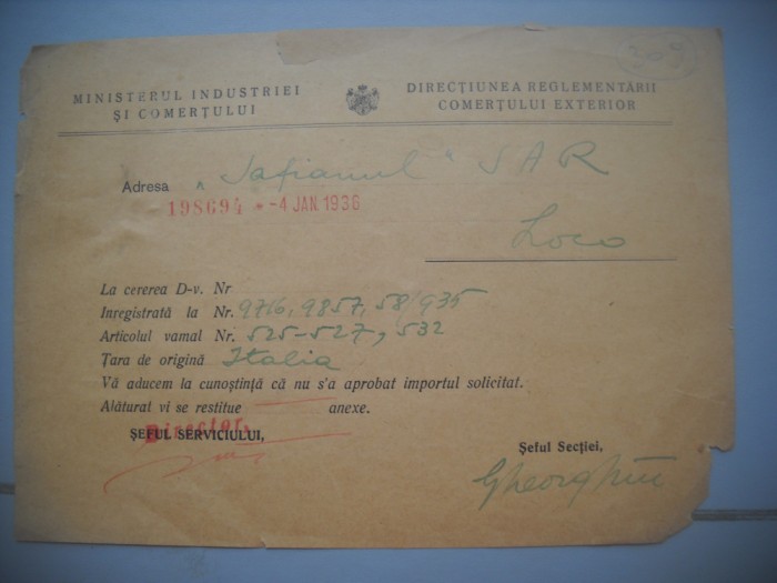 HOPCT DOCUMENT VECHI 309 MINISTERUL INDUSTRIEI COMERT EXTERIOR /BUCURESTI 1935