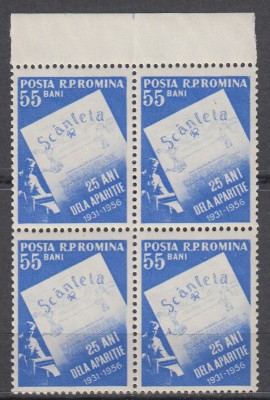 ROMANIA 1956 LP 415-25 ANI DE LA APARITIA ZIARULUI SCANTEIA BLOC DE 4 TIMBRE MNH foto