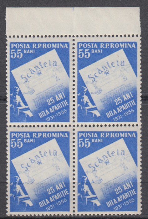 ROMANIA 1956 LP 415-25 ANI DE LA APARITIA ZIARULUI SCANTEIA BLOC DE 4 TIMBRE MNH