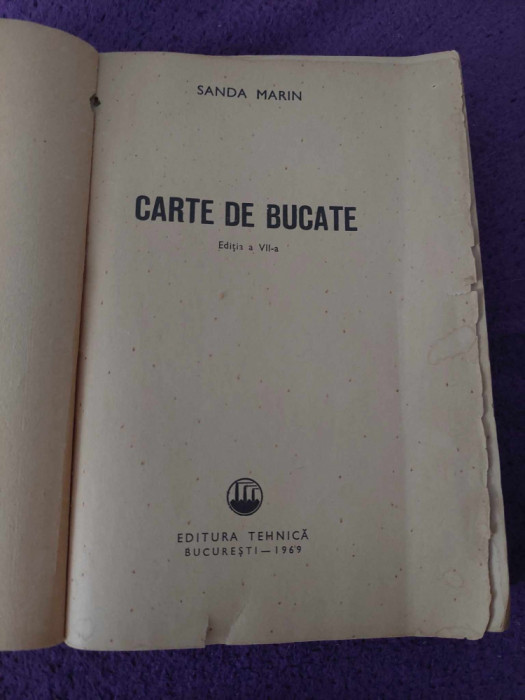 CARTE DE BUCATE-SANDA MARIN ANUL 1969,carte de bucate veche,lipsa cotor coperta