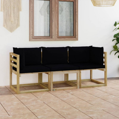 Canapea de gradina cu 3 locuri, cu perne negre GartenMobel Dekor foto