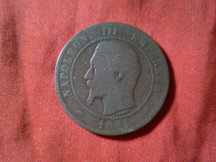 Moneda 10 centime Franta Napoleon III 1854 litera A , bronz , cal. mediocru