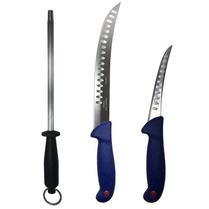 Set profesional de macelarie, fasonat, transat, degresat, dezosat, 2 cutite, masat pentru ascutit