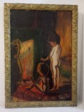 &quot;Dupa Baie&quot;Lucrare veche in ulei semnata anii 1900 &icirc;ncadrată &icirc;ntr-o ramă din lemn sculptata