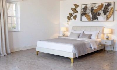 Pat Medusa 160x190 cm Tapitat Catifea Nuanta Crem Somiera Inclusa (cod 9925) foto