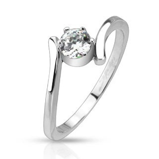 Inel din oțel - brațe curbate ce cuprind un zirconiu rotund transparent - Marime inel: 57