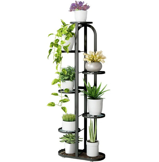 Suport metalic pentru ghivece de flori, cu 7 etajere separate, negru