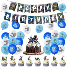 Set dragon cu 18 baloane, 25 accesorii tort sau briose si 1 banner pentru petrecere, perfect pentru zile de nastere, aniversari Monster Hunter Rise Al
