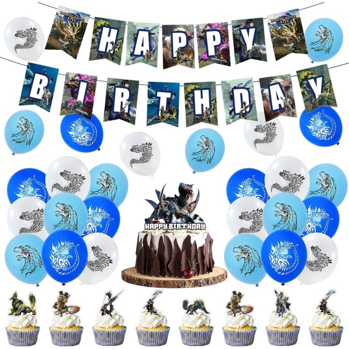 Set dragon cu 18 baloane, 25 accesorii tort sau briose si 1 banner pentru petrecere, perfect pentru zile de nastere, aniversari Monster Hunter Rise Al